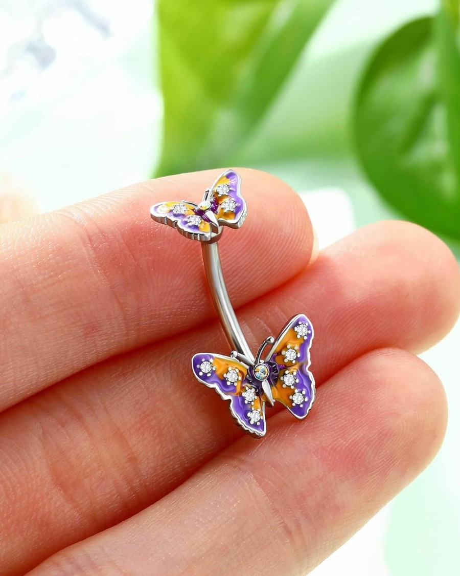 Jewseen Jewseen Butterfly Belly Button Ring Surgical Steel 14G Belly Ring Purple Navel Piercing Jewelry Curved Barbell Belly Piercing Jewelry For Women Girls | Body Piercing Barbells