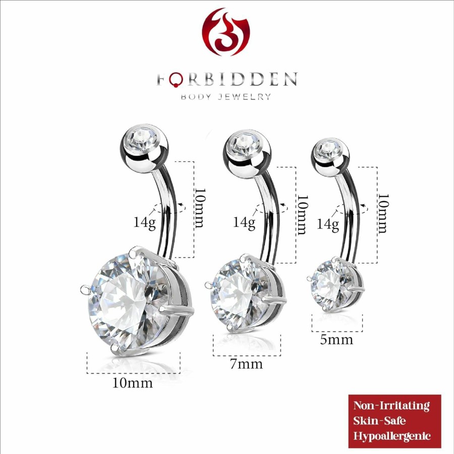 Forbidden Body Jewelry Forbidden Body Jewelry Value Pack 3-Pcs Surgical Steel Cubic Zirconia Solitaire Round Crystal Belly Button Rings | Body Piercing Barbells