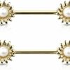 Pierced Owl 14Ga Gold Plated 316L Stainless Steel Faux Pearl Center Sunflower Nipple Barbells, Sold As A Pair | Body Piercing Barbells