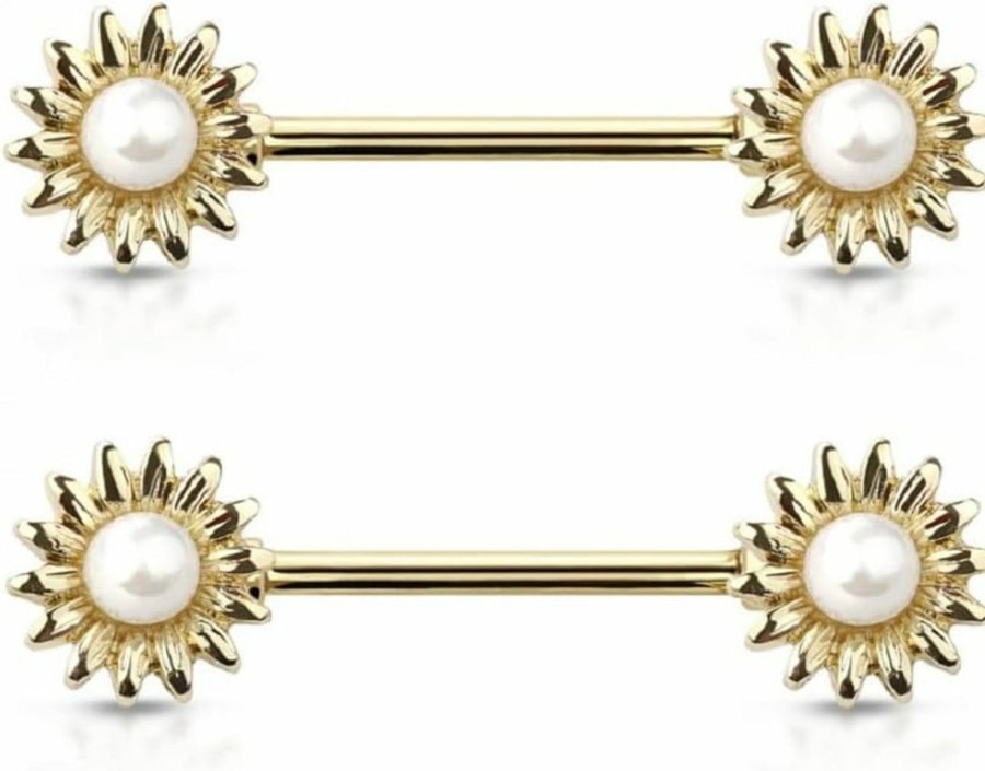 Pierced Owl 14Ga Gold Plated 316L Stainless Steel Faux Pearl Center Sunflower Nipple Barbells, Sold As A Pair | Body Piercing Barbells