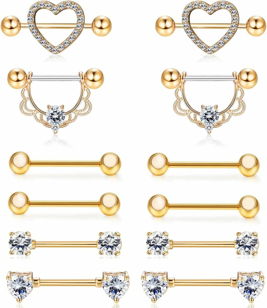 FINREZIO Finrezio 6-8 Pairs 14G Nipple Rings 316L Surgical Steel Heart Cz Tongue Barbell Body Piercing Shield Ring Set 5/8 Inches | Body Piercing Barbells