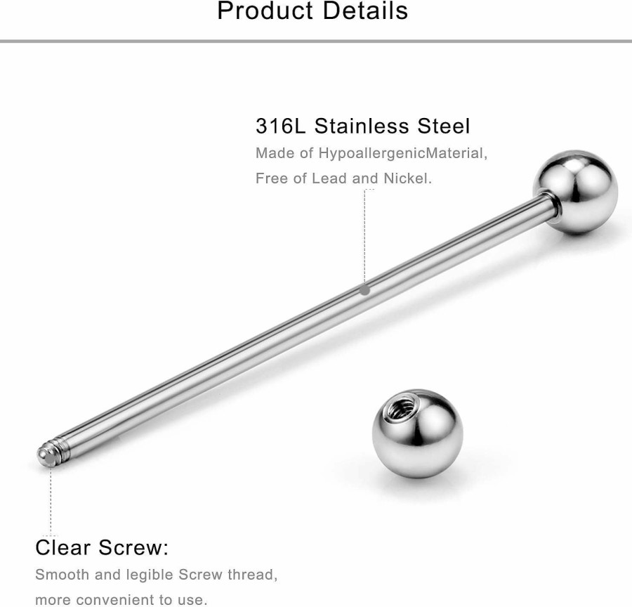 Lcolyoli Lcolyoli Short Industrial Barbell 16G Stainless Steel Helix Cartilage Earring Externally Threaded Crystal Ball Body Piercing Jewelry For Women Men 1 1/8 Inch(28Mm) 6-12 Pieces | Body Piercing Barbells