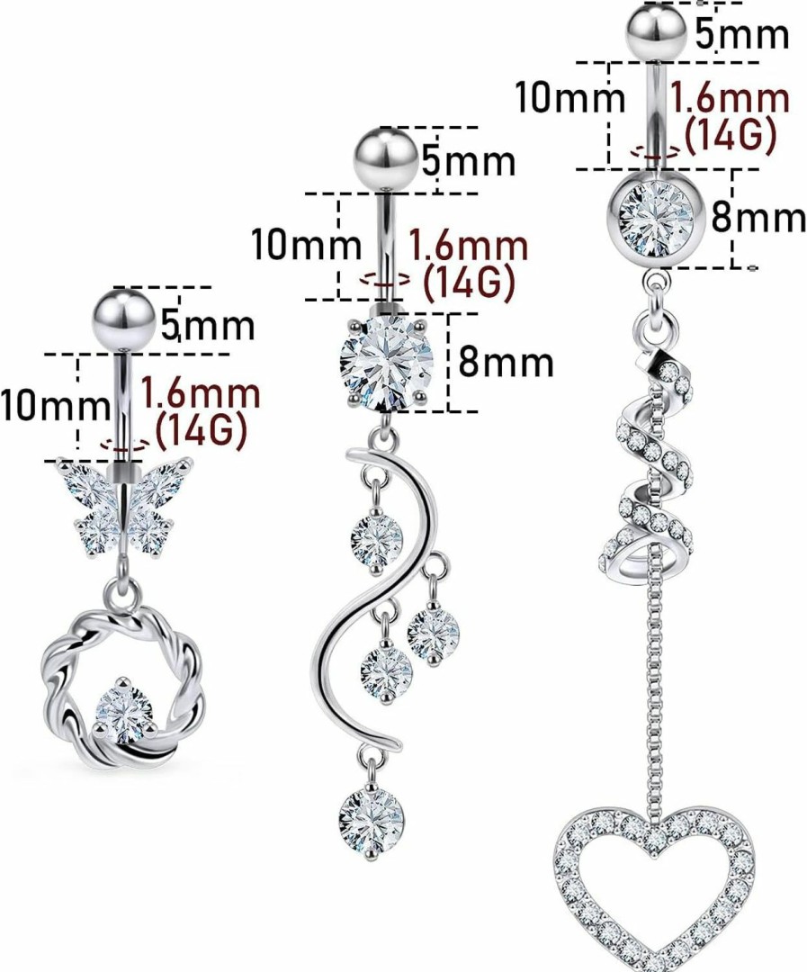 Generic Kwoencxi 5 Pieces 14G 10Mm Belly Button Rings Steel Long Dangle Navel Ring Cz Body Piercing Jewelry For Women Silver Rose Glod | Body Piercing Barbells