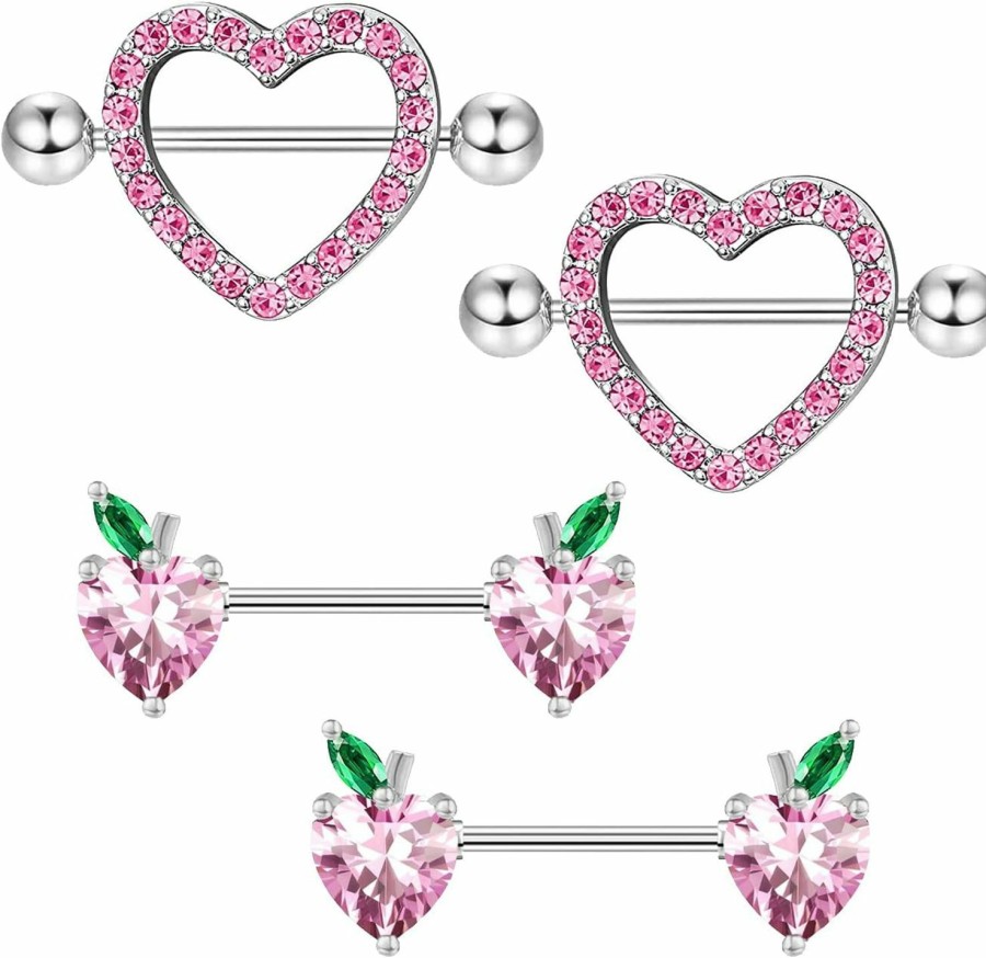 FLOGWE Flogwe 14G Heart Nipple Rings 316L Stainless Steel Nipple Barbell Nipple Barbells Cz Heart Nipple Tongue Rings Nipple Ring Body Pierced Jewelry For Women | Body Piercing Barbells