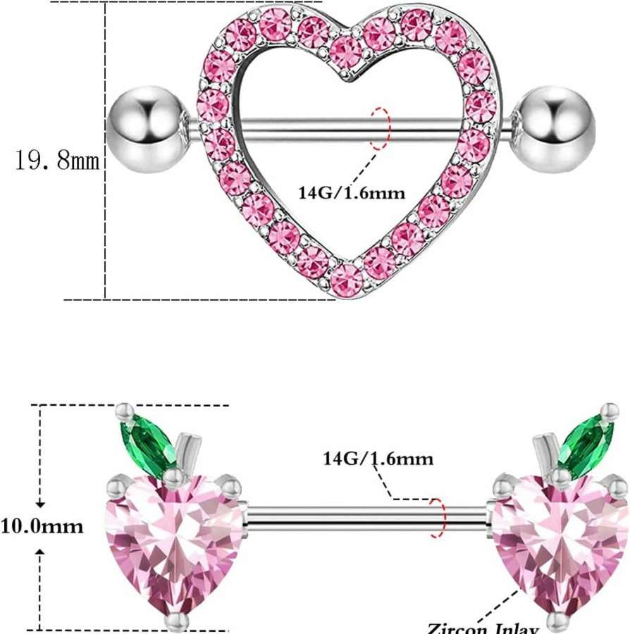 FLOGWE Flogwe 14G Heart Nipple Rings 316L Stainless Steel Nipple Barbell Nipple Barbells Cz Heart Nipple Tongue Rings Nipple Ring Body Pierced Jewelry For Women | Body Piercing Barbells