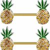 Pierce2GO Pineapple Weed Nipple Rings Anodized Gold Surgical Stainless-Steel Set Of 2 Barbell Cute 14G Pineapple Nipple Piercing Jewelry For Women - 9/16" Barbell | Body Piercing Barbells