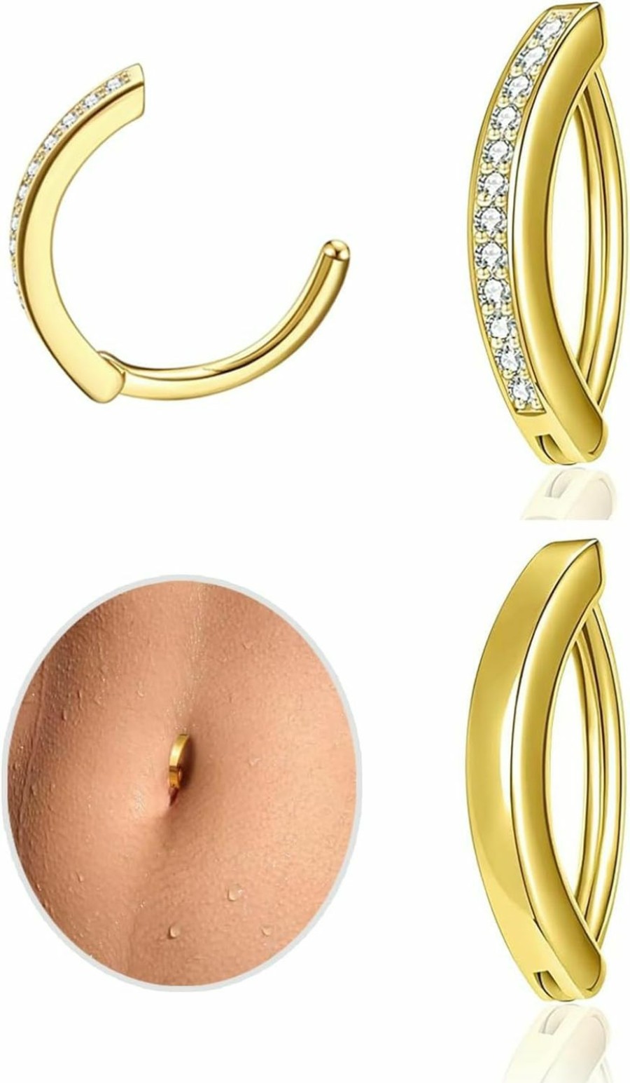 davka 2Pcs 14G Clicker Belly Button Ring For Women Hypoallergenic Surgical Steel Cz Gold Belly Button Ring 10Mm Simple Reverse Navel Rings Body Belly Piercing Jewelry | Body Piercing Barbells