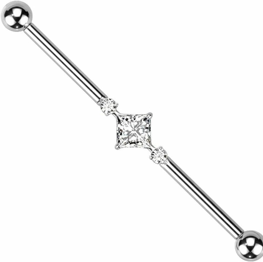 Pierced Owl Pierced Owl 14Ga G23 Implant Grade Titanium 2 Round Cz Crystals And Square Crystal Center Internally Threaded Industrial Barbell | Body Piercing Barbells