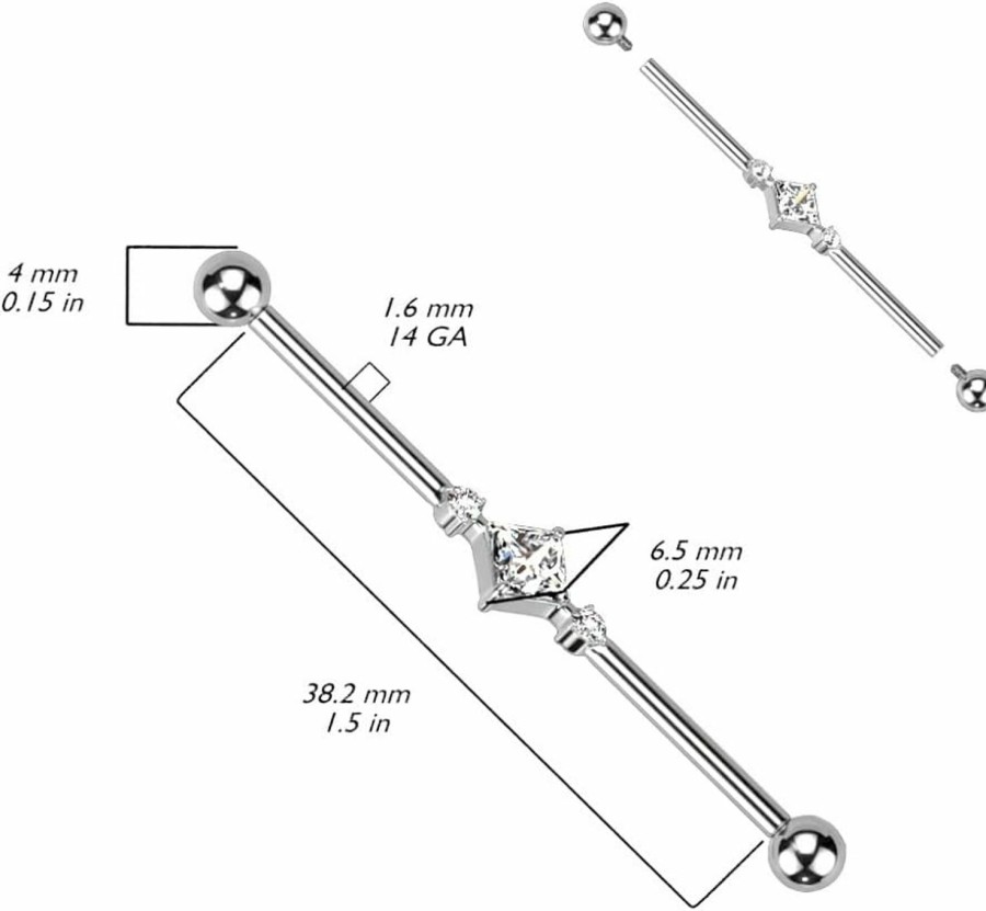 Pierced Owl Pierced Owl 14Ga G23 Implant Grade Titanium 2 Round Cz Crystals And Square Crystal Center Internally Threaded Industrial Barbell | Body Piercing Barbells