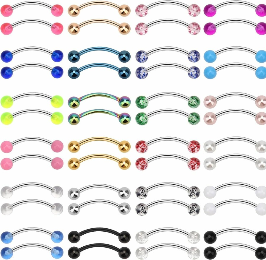 CrazyPiercing Crazypiercing 14G Stainless Steel Eyebrow Ring, 48Pcs Curved Barbell Piercing Jewelry Snake Eyes Tongue Rings Nipple Rings Earrings Curved Eyebrow Jewelry For Women Men | Body Piercing Barbells