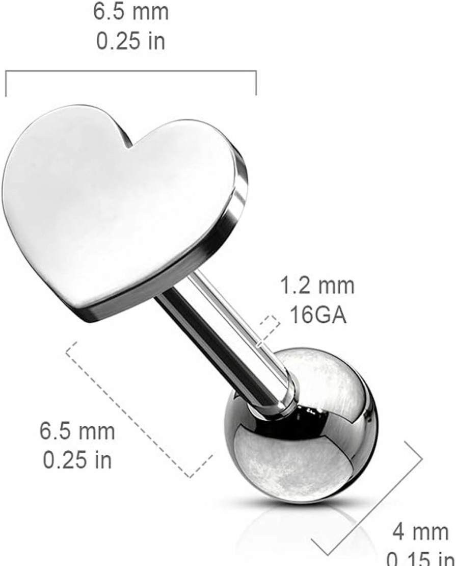 Pierced Owl Pierced Owl - 16Ga Stainless Steel Flat Heart Top Cartilage Tragus Barbell | Body Piercing Barbells