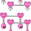 OUFER Oufer 4Pcs Pink Nipple Rings, Heart Nipple Piercing Jewelry Surgical Steel, Dangle Nipple Barbells, Letter Nipple Rings For Women | Body Piercing Barbells