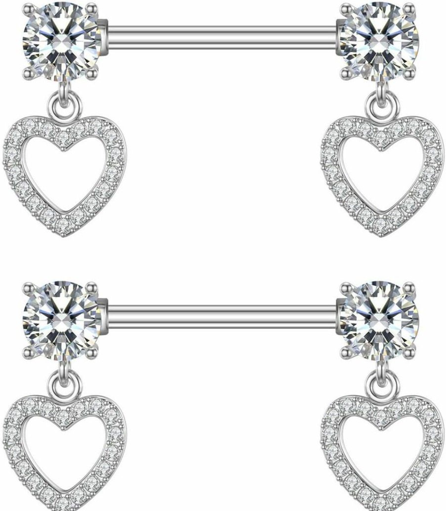 Kokoma 14G Dangle Heart Nipple Rings Crystal Diamond 316L Stainless Steel Cz Sweet Love Hearts Nipple Pierced Tongue Ring Piercing Body Jewelry Barbell Fashion Jewelry Gifts For Women Girls | Body Piercing Barbells