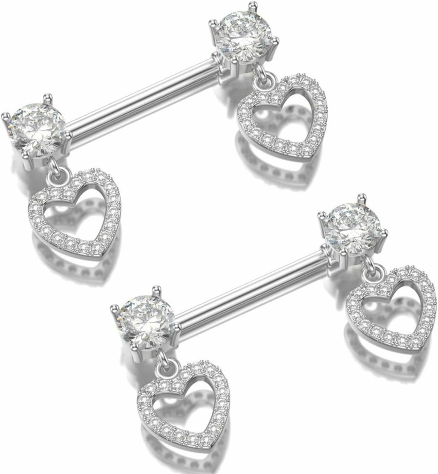 Kokoma 14G Dangle Heart Nipple Rings Crystal Diamond 316L Stainless Steel Cz Sweet Love Hearts Nipple Pierced Tongue Ring Piercing Body Jewelry Barbell Fashion Jewelry Gifts For Women Girls | Body Piercing Barbells