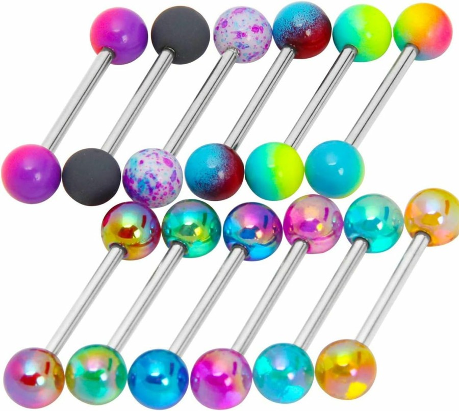 CrazyPiercing Crazypiercing 12Pcs Colorful Ball Tongue Rings, Stainless Steel Barbell Tongue Ring Retainer Or Nipple Ring 14G Bar Length 16Mm | Body Piercing Barbells