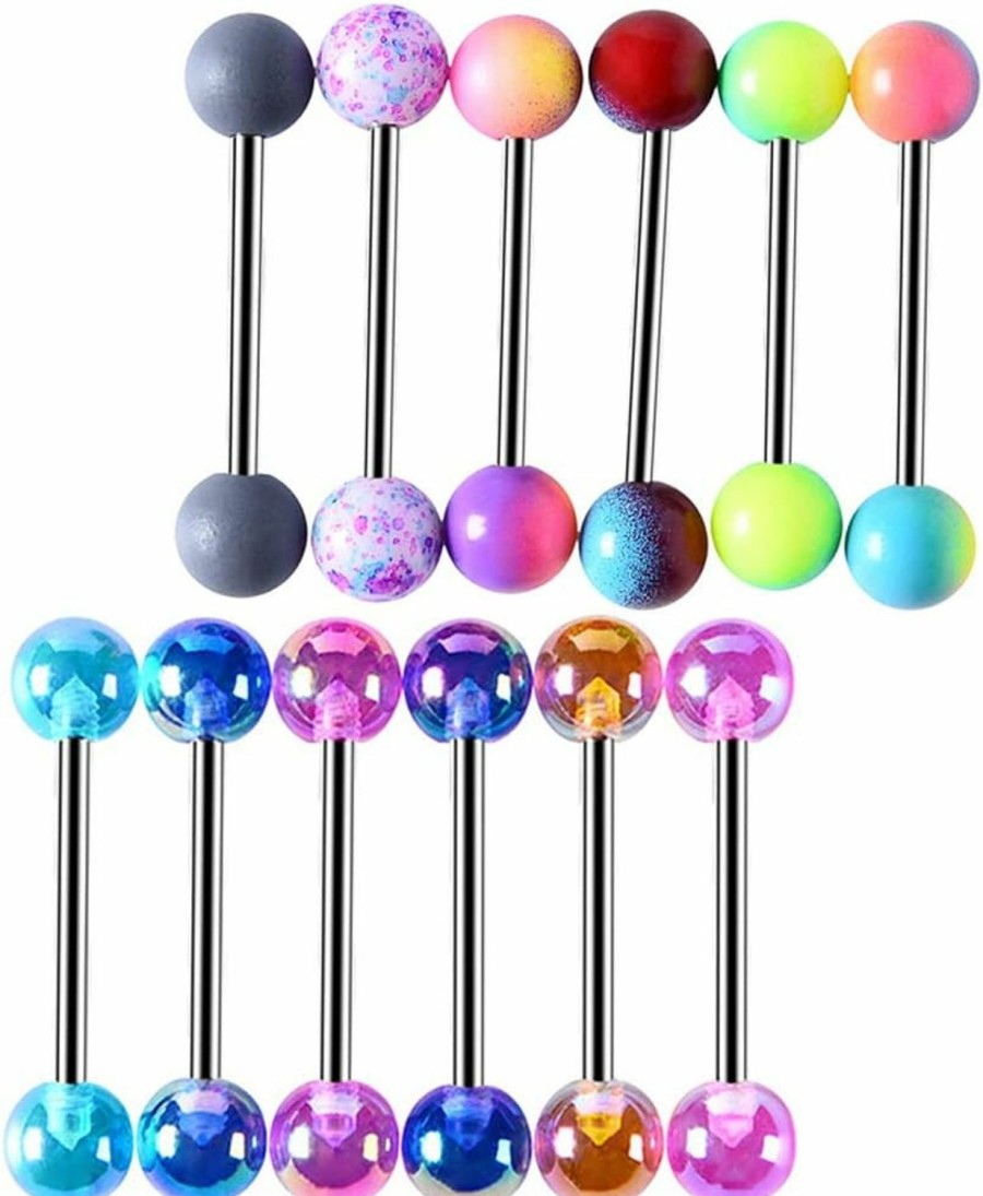 CrazyPiercing Crazypiercing 12Pcs Colorful Ball Tongue Rings, Stainless Steel Barbell Tongue Ring Retainer Or Nipple Ring 14G Bar Length 16Mm | Body Piercing Barbells