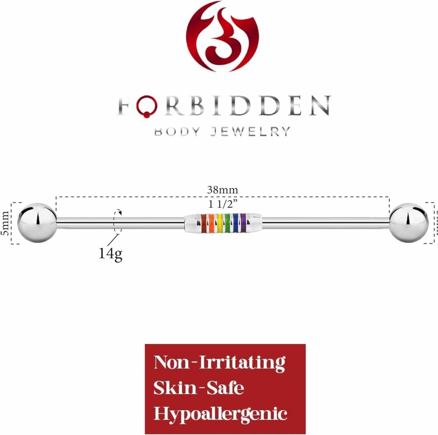 Forbidden Body Jewelry Forbidden Body Jewelry 14G 1 1/2 Inch (38Mm) Surgical Steel & Gold Plated Rainbow Stripe Industrial Piercing Barbell | Body Piercing Barbells