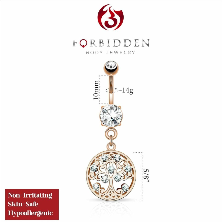 Forbidden Body Jewelry Forbidden Body Jewelry Cubic Zirconia Crystal Tree Of Life Dangle Belly Button Ring | Body Piercing Barbells