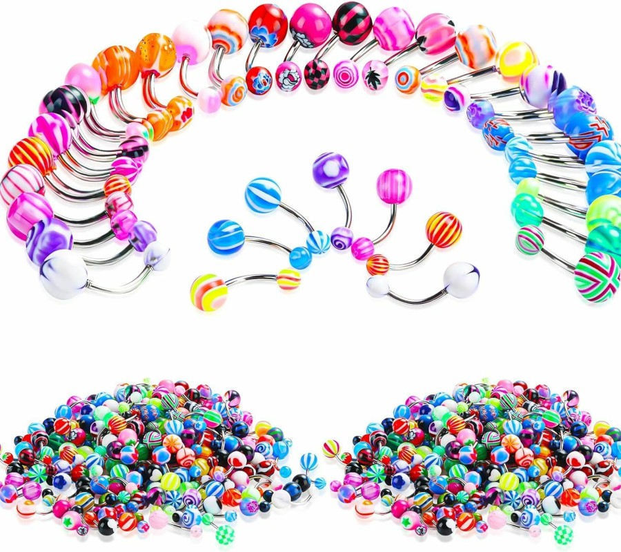 Junkin Junkin 200 Pieces Belly Button Rings Barbells Colorful Body Piercing Jewelry Navel Barbell Body Stainless Steel Belly Button Rings Body Piercing Jewelry For Women Girls | Body Piercing Barbells