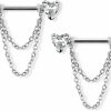 Pierced Owl Pierced Owl 14Ga 316L Stainless Steel Cz Crystal Hearts With Double Dangling Chains Nipple Barbells, Sold As A Pair | Body Piercing Barbells