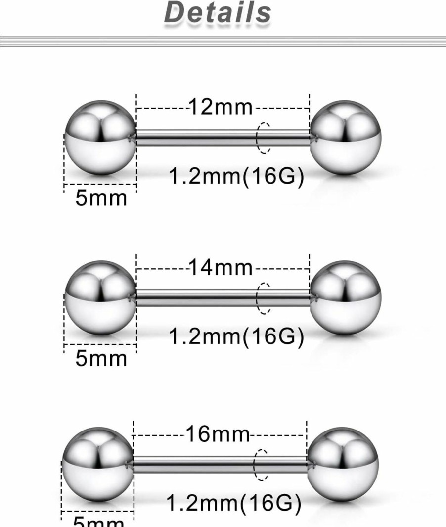 Ocptiy Ocptiy 14G 16G Titanium Tongue Rings Nipple Piercing Jewelry G23 Hypaollergenic Externally Threaded Nipple Bars Tongue Barbells Body Piercings Jewelry For Women Men 12Mm 14Mm 16Mm 19Mm Bars Length | Body Piercing Barbells