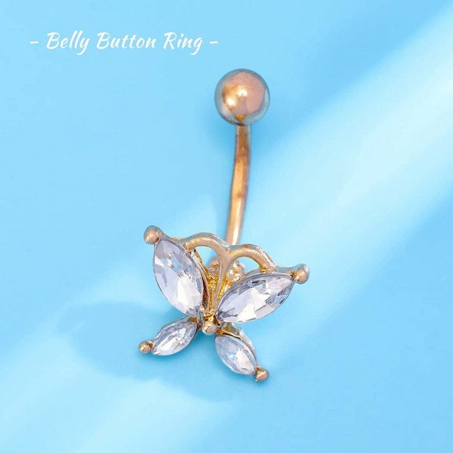 DRESBE Dresbe Butterfly Belly Button Ring Gold Crystal Piercing Navel Ring Boho Body Jewelry Accessories For Women | Body Piercing Barbells