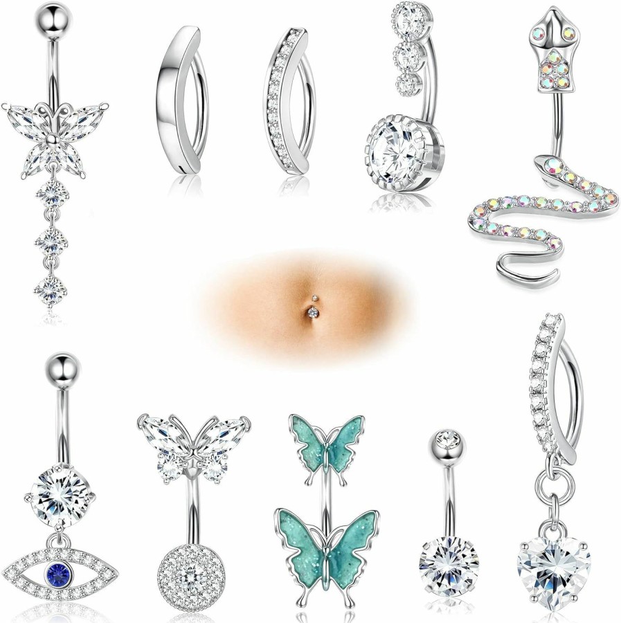 FINREZIO Finrezio 10Pcs 14G Clicker Belly Button Rings For Women Surgical Steel Dangle Cute Cz Snake Evil Eye Butterfly Belly Button Rings Reverse Curved Navel Belly Barbell Piercing Jewelry | Body Piercing Barbells