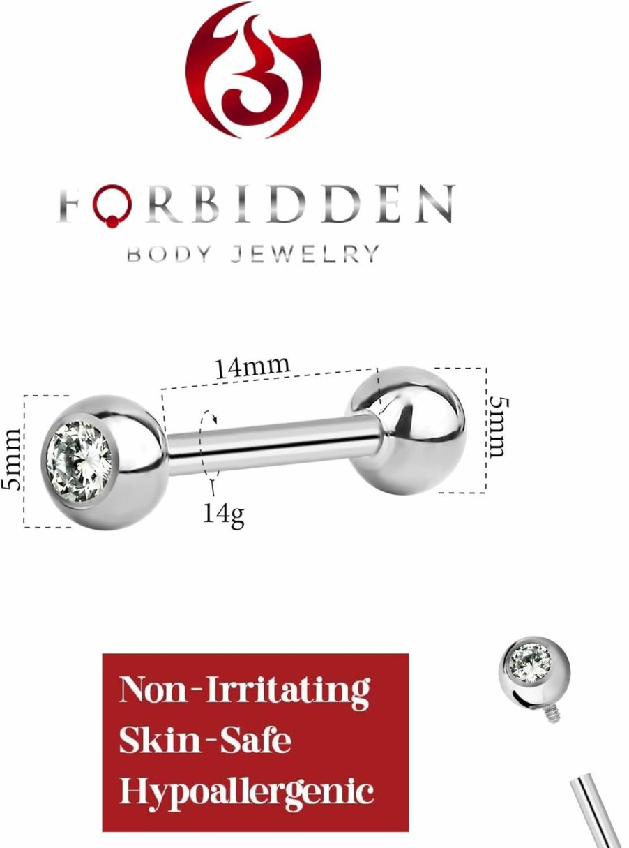 Forbidden Body Jewelry Forbidden Body Jewelry 14G-16G Titanium Single Cz Crystal Top Barbell For Cartilage And Tongue Piercings | Body Piercing Barbells