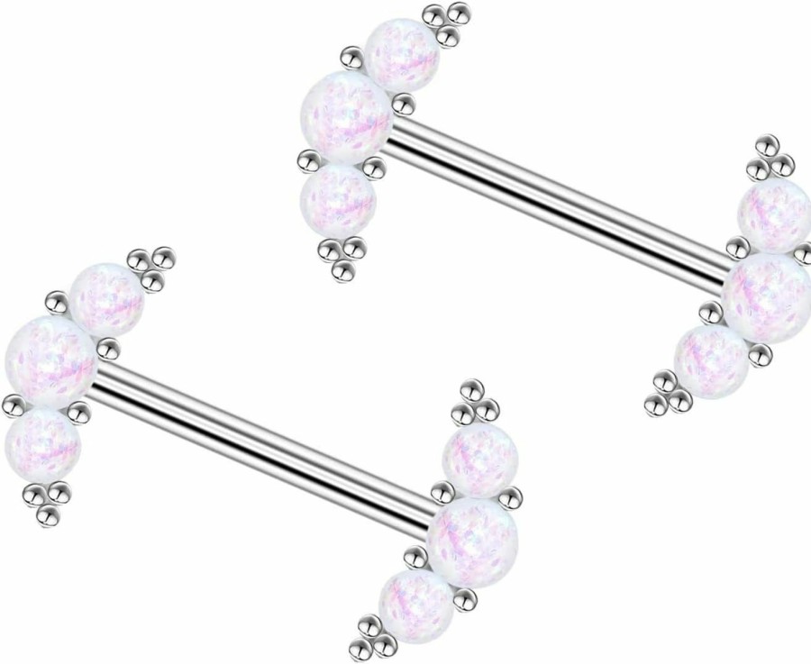 CHARM ONLINE Charm Online 14G Surgical Steel Nipple Barbells White Opal Linear Arrangement Moon And Micro Ball Cluster Nipple Piercing Jewelry For Women Man… | Body Piercing Barbells