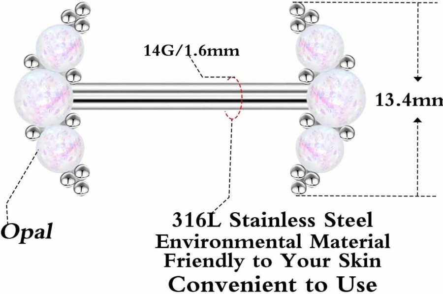 CHARM ONLINE Charm Online 14G Surgical Steel Nipple Barbells White Opal Linear Arrangement Moon And Micro Ball Cluster Nipple Piercing Jewelry For Women Man… | Body Piercing Barbells