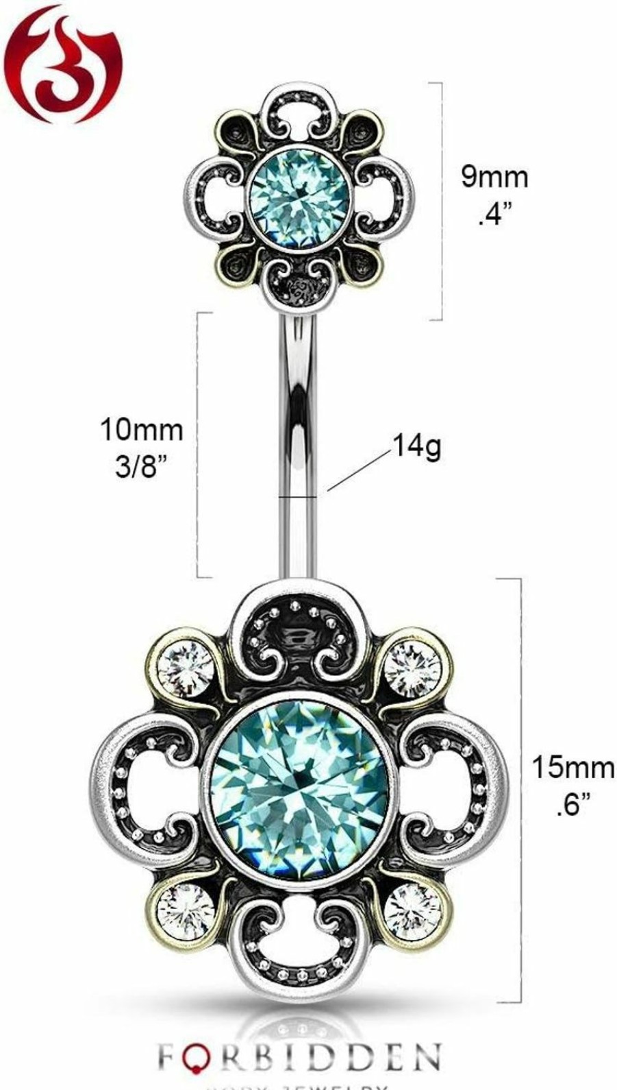 Forbidden Body Jewelry Forbidden Body Jewelry Surgical Steel Cz Centered Flower Vintage Filigree Belly Button Ring With Matching Top | Body Piercing Barbells