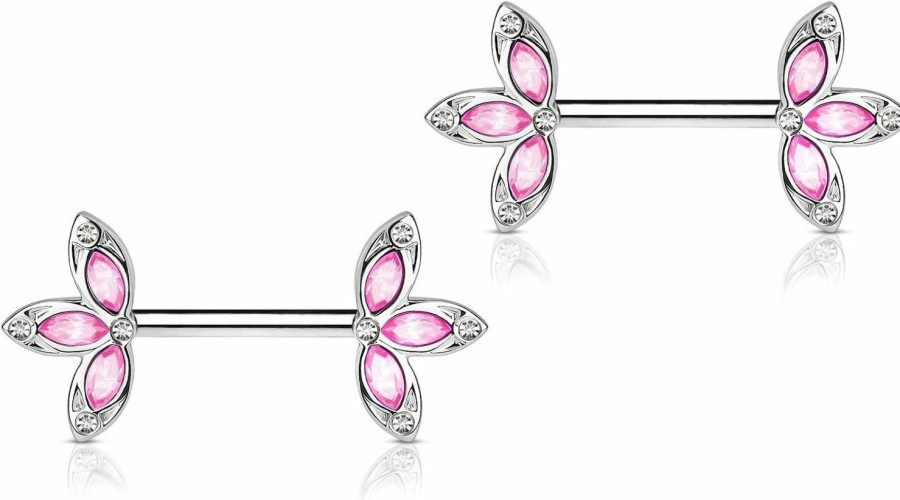 Forbidden Body Jewelry Forbidden Body Jewelry 14G Surgical Steel & Gold Ip Plated 15Mm Cz Gem-Set Flower Petal Nipple Piercing Barbell Set | Body Piercing Barbells