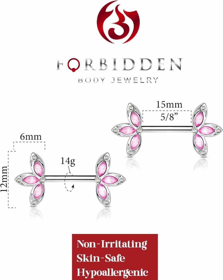 Forbidden Body Jewelry Forbidden Body Jewelry 14G Surgical Steel & Gold Ip Plated 15Mm Cz Gem-Set Flower Petal Nipple Piercing Barbell Set | Body Piercing Barbells