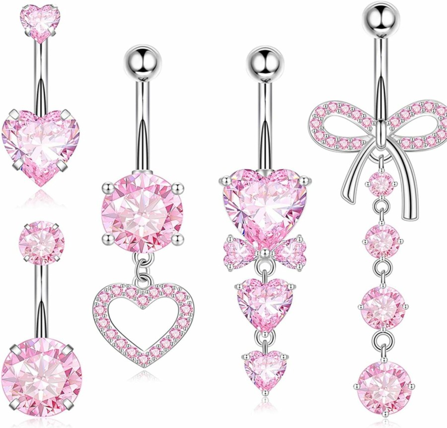 Zankulas Zankulas Dangle Belly Button Rings Piercing Jewelry For Women Surgical Stainless Steel Dangling Belly Ring Pack With Heart Bow Elements 14G | Body Piercing Barbells