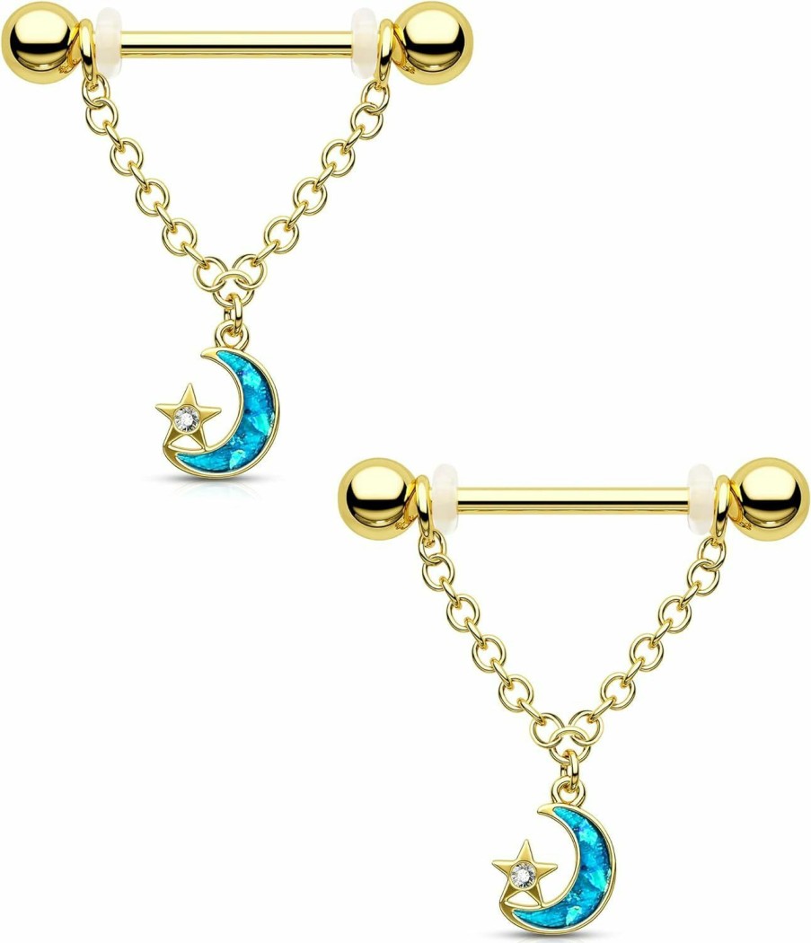 Melighting Melighting14G Moon Nipple Rings Dangle Nipple Piercing Jewelry Stainless Steel 316L Chain Nipple Barbell Clear Cz Blue Nipple Jewelry For Women | Body Piercing Barbells