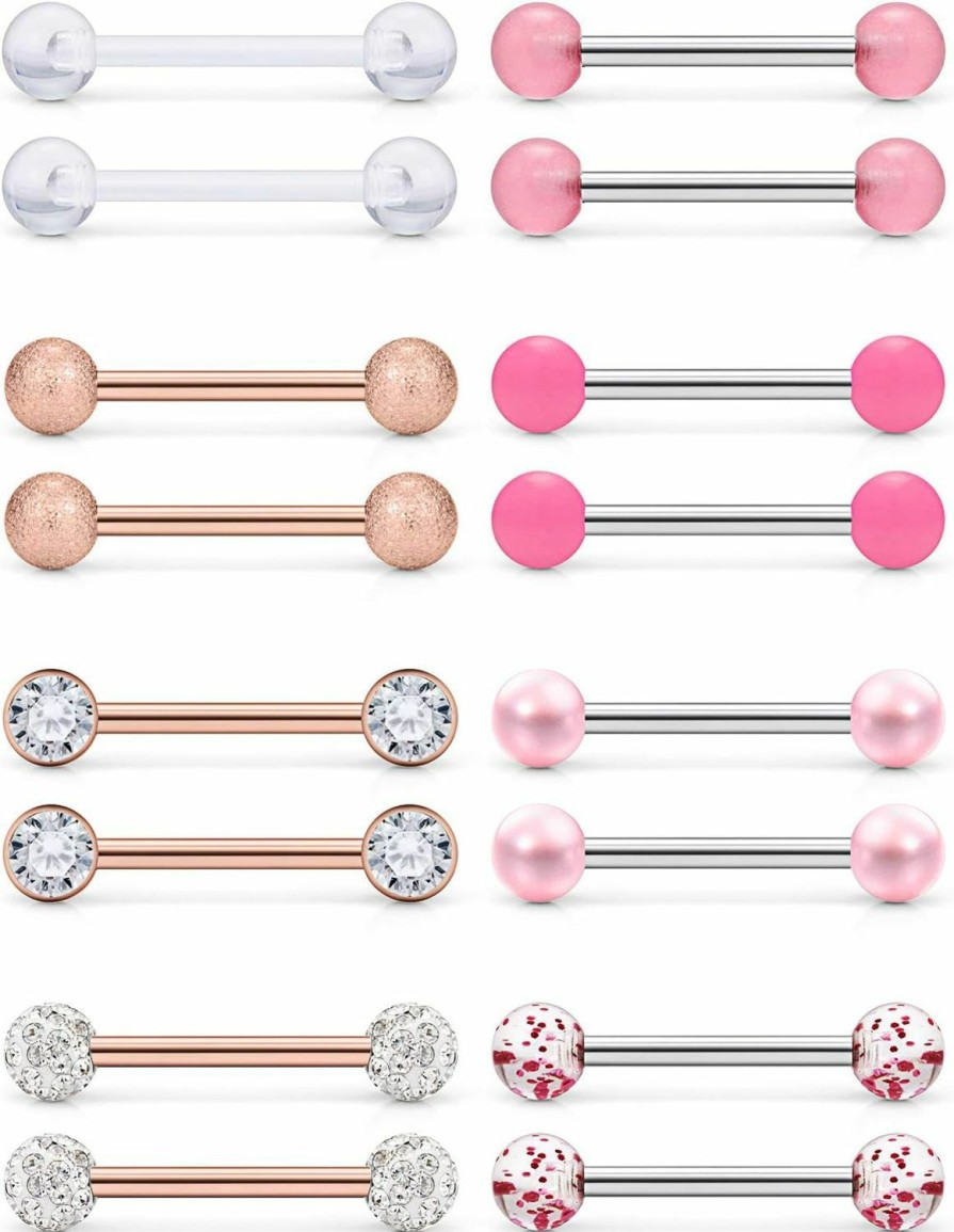 Prjndjw Prjndjw 8-12Pairs 14G 16G Nipple Rings Surgical Steel Tongue Rings Barbell Nipplering Diamond Cz Body Piercing Jewelry Retainer For Women Men 14Mm Length Size | Body Piercing Barbells