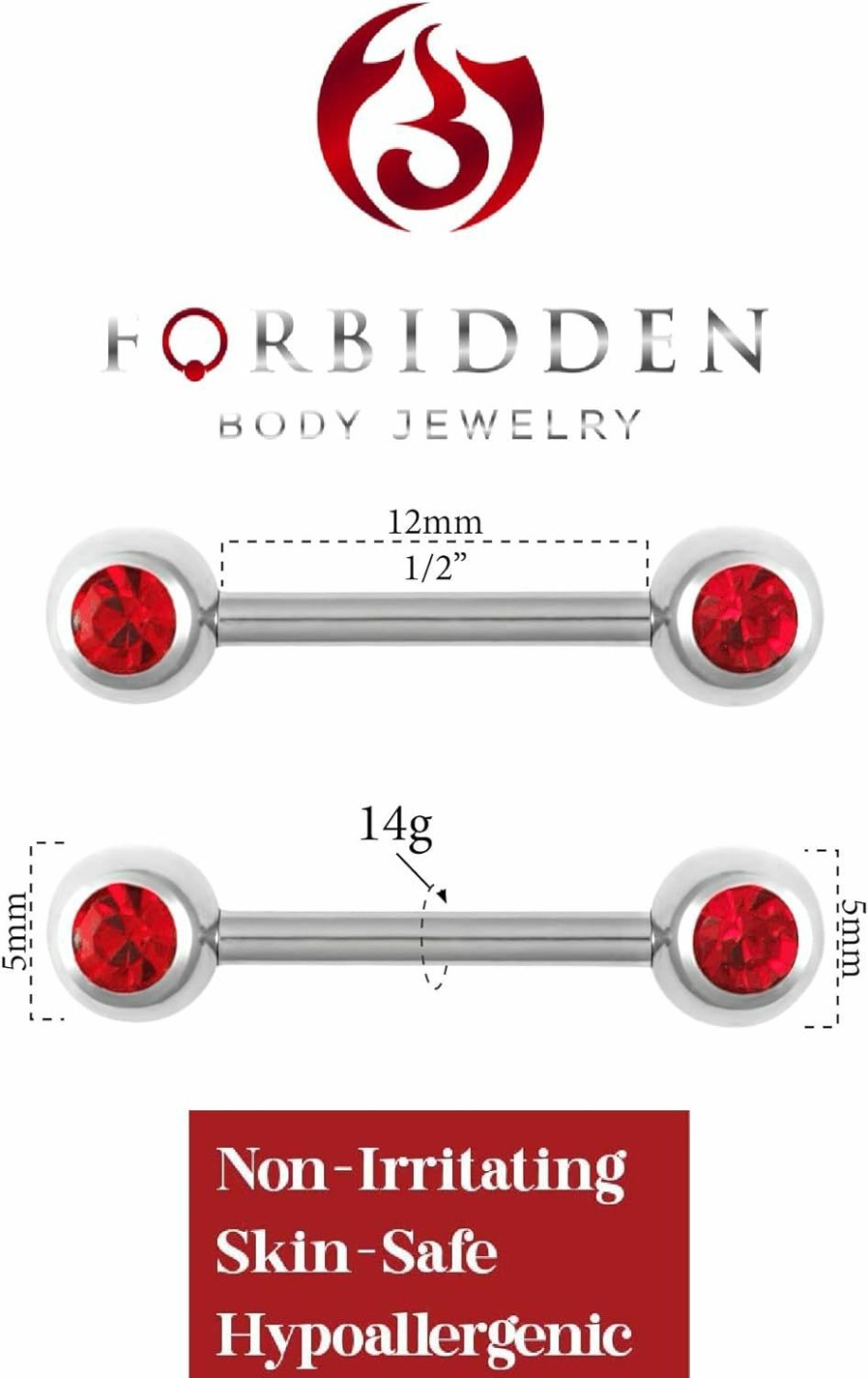 Forbidden Body Jewelry Forbidden Body Jewelry 14G Nipple Ring Barbells Set Of 2, Pair Of 12Mm (1/2 Inch) Barbells With 5Mm Balls | Body Piercing Barbells