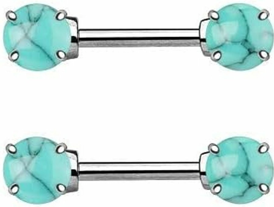 Generic Pair 14G 1/2\" (12Mm) 316L Surgical Steel Semi Turquoise Stone Nipple Rings | Body Piercing Barbells