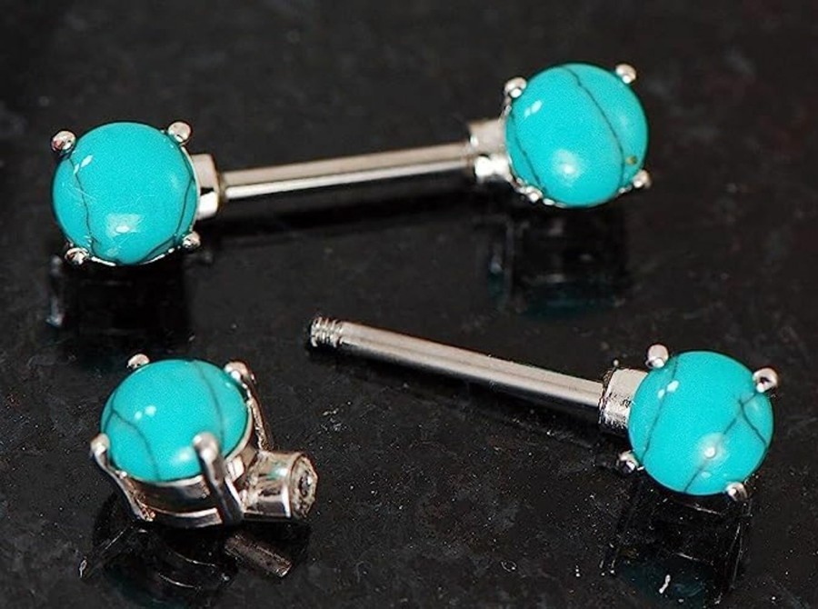 Generic Pair 14G 1/2\" (12Mm) 316L Surgical Steel Semi Turquoise Stone Nipple Rings | Body Piercing Barbells