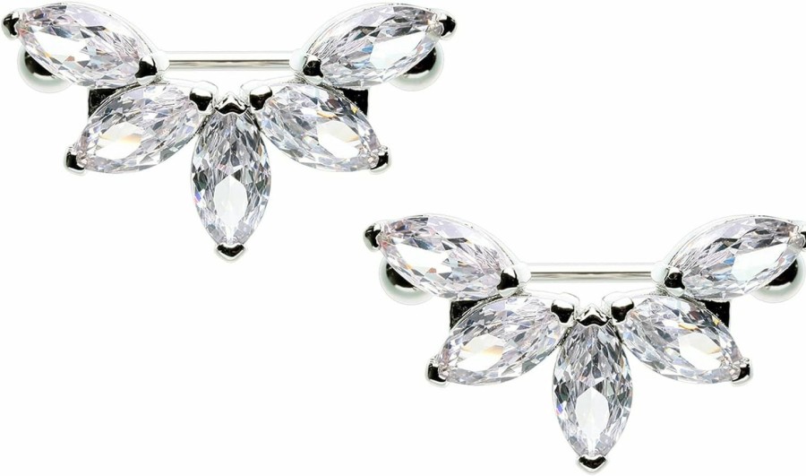 Pierced Owl Pierced Owl 14Ga Stainless Steel Cz Crystal Floral Lotus Marquise Nipple Shields, Sold As A Pair | Body Piercing Barbells