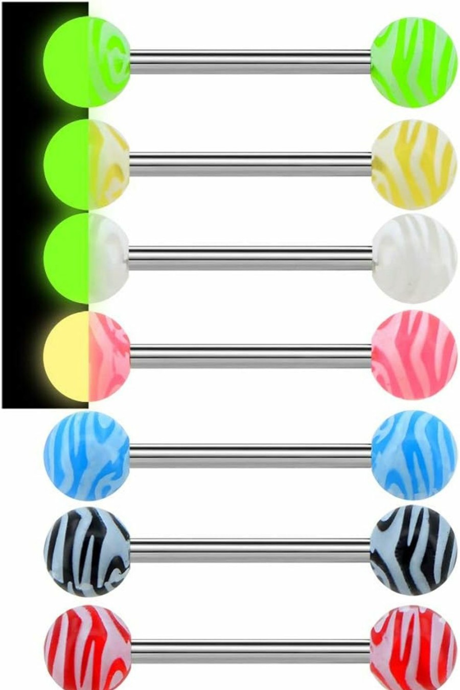 Jewseen Jewseen 7Pcs 14G 316L Stainless Steel Tongue Bars Candy Color Tongue Piercings Glow In The Dark Tongue Barbell | Body Piercing Barbells