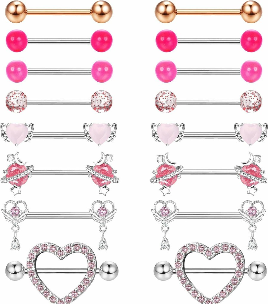 JOERICA Joerica 8 Pairs 14G Nipple Rings For Women 316L Stainless Steel Heart Butterfly Planet Cz Wing Barbell Nipple Rings Set Cute Nipplerings Piercing Jewelry | Body Piercing Barbells