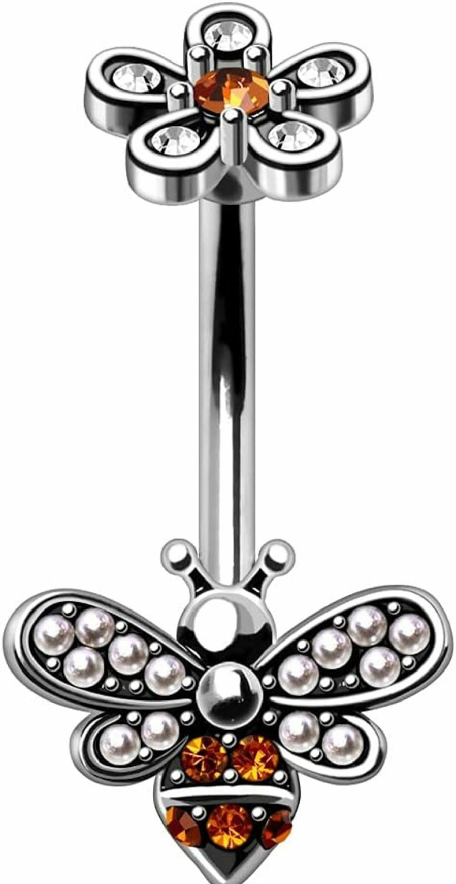 Amelia Fashion Amelia Fashion 14Ga Clear/Topaz/Pearl Flower And Bee Navel Ring Externally Threaded 316L Stainless Steel | Body Piercing Barbells