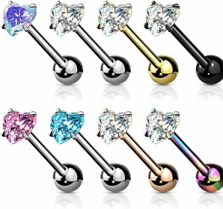 Amelia Fashion Amelia Fashion 14 Gauge Prong Set Heart Cz 316L Surgical Steel Barbell Tongue Rings (Choose Color) | Body Piercing Barbells