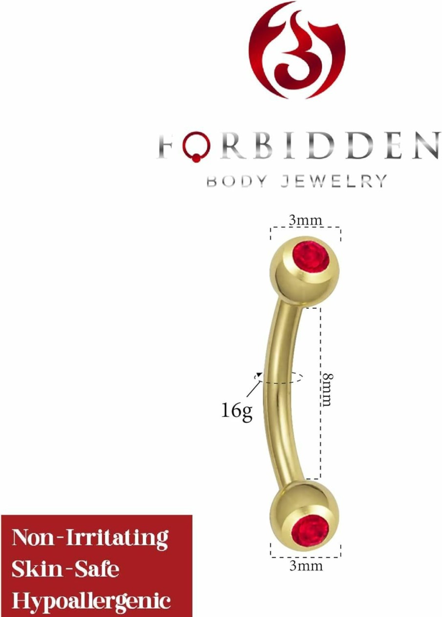 Forbidden Body Jewelry 16G 8Mm Daith Earring, Eyebrow Ring And Rook Piercing Jewelry, Gold Ip Plated Cz Crystal Barbell | Body Piercing Barbells