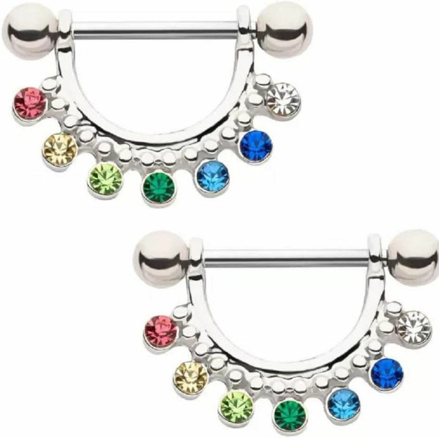 Pierced Owl Pierced Owl 14Ga 316L Stainless Steel Rainbow Cz Crystal Gem Lined Dangling Nipple Barbells, Sold As A Pair | Body Piercing Barbells