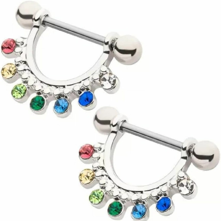 Pierced Owl Pierced Owl 14Ga 316L Stainless Steel Rainbow Cz Crystal Gem Lined Dangling Nipple Barbells, Sold As A Pair | Body Piercing Barbells