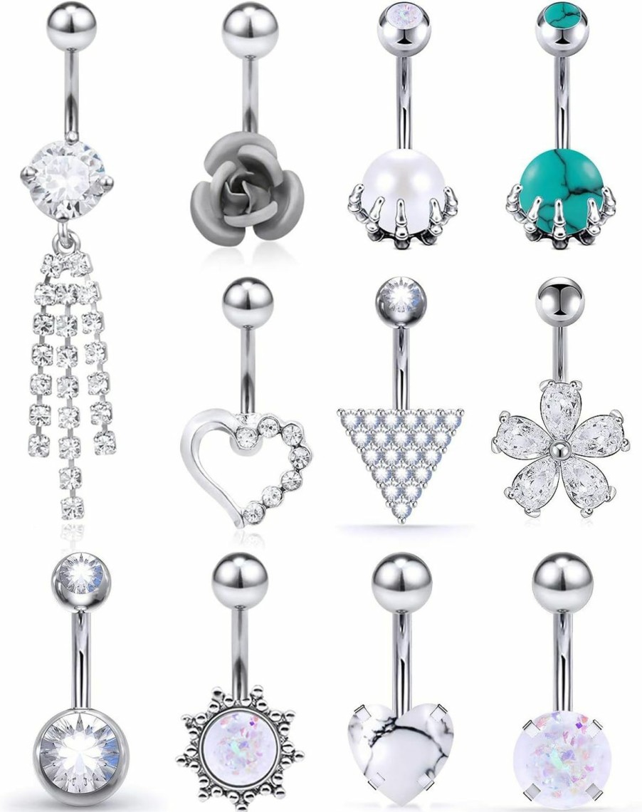 Vsnnsns Vsnnsns 14G Belly Button Rings Belly Rings For Women Stainless Steel Cz Opal Dangle Belly Button Piercing Jewelry Belly Rings Bars Curved Navel Ring Barbell Body Jewelry Piercing For Women Men 11Pcs | Body Piercing Barbells