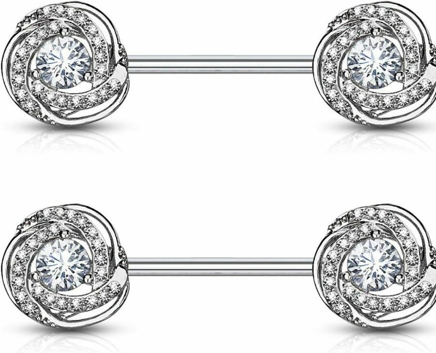 Forbidden Body Jewelry Forbidden Body Jewelry Ultra Glam Cz Swirl Halo Frame Surgical Steel Nipple Barbells | Body Piercing Barbells