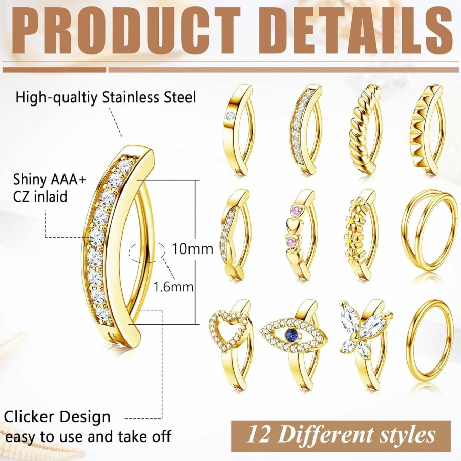 JeryWe Jerywe 12Pcs 14G Clicker Belly Button Ring For Women Surgical Steel Cz Butterfly Heart Flower Hoop Belly Button Rings Clicker Reverse Navel Rings Belly Piercing Jewelry Gold Silver 10/12Mm | Body Piercing Barbells